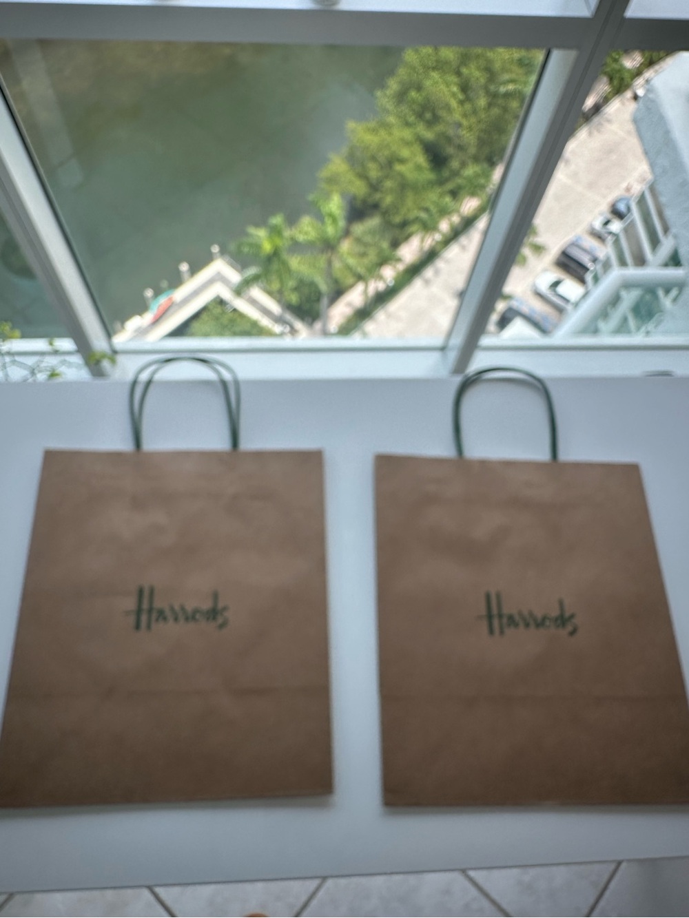 Harrods Brown Paper Shopping Bags Set of 2 Green Logo and Handles
